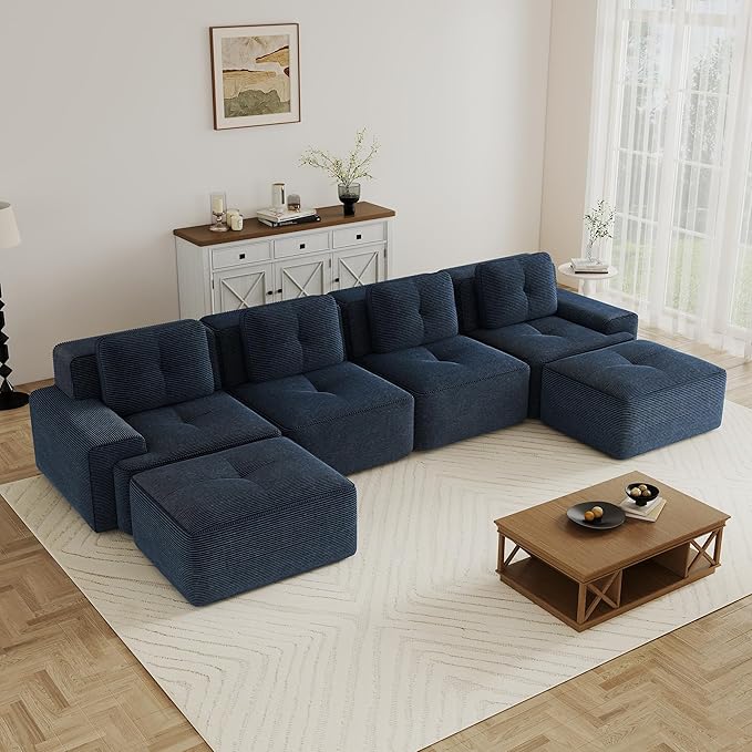 Modern U Shaped Boneless Couch with Ottoman 152.7” Oversized 6 Seater Modular Sectional Sofa Comfy Corduroy Cloud Sleeper Sofa with Deep Seat Upholstered Couches for Living Room Apartment Blue