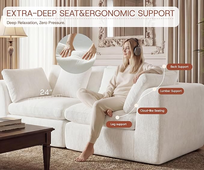 79'' Oversized Cloud Sectional Boneles Loveseat for Living Room Modern Big Compressed 2 Seater Couch with 2 Throw Pillows Comfy Chenille Deep Seat Memory Foam Spineless 2 Person Couch Beige | No As