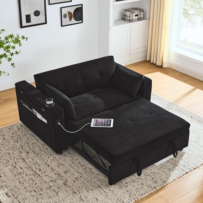 Convertible Sleeper Sofa Bed Pull-Out Recliner Couch with Adjustable Backrest Storage Armrests Side Pockets Cup Holders USB Charging Ports Chenille Loveseat for Living Room Use (Black)