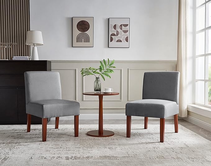Grey Fabric Accent Chair Set of 2 with Round Wood Table Versatile Side Chair Set for Bedroom Living Room &amp Office