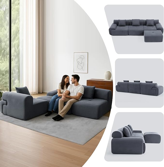 122 Modular Sectional Sofa Convertible L-Shape Cloud Couch Corduroy Upholstered Boneless Sofa Set with Deep Seat &amp Movable Ottoman No Assembly Needed for Living Room Bedroom Home Office Bei