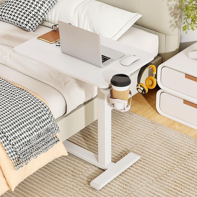 Tangkula Mobile Standing Desk Pneumatic Height Adjustable Rolling Desk with Cup Holder &amp Headphone Hook Overbed Table with Hidden Wheels Laptop Computer Cart for Couch Home Office (White)