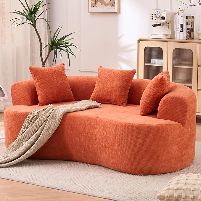 67 Curved Loveseat for Small Spaces Orange Curved Couches for Living room Compression Sofa in a Box with 3 Pillows Small Couch for Bedroom with Wide Armrest &amp Memory Foam No Assembly Required