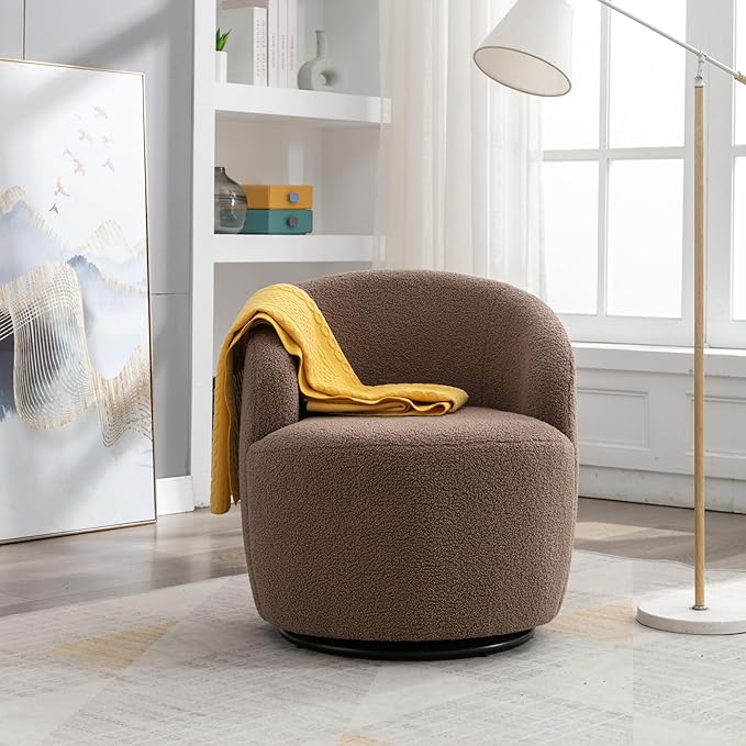 Swivel Barrel Accent Chair Modern Teddy Upholstered 360° Swivel Chair Leisure Chair Single Sofa for Adults Teens for Living Room Hotel Bedroom Office Coffee Shop (Coffee + Upholstered + Foam)