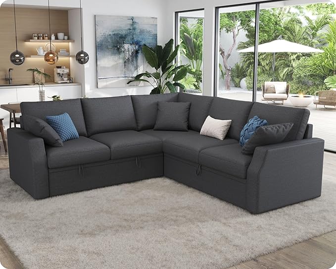 VanAcc Sofa Bed 85 Inch Sleeper Couch with Storage Seat L Shaped Sofa with Pull Out Sofa Bed Sectional Couches for Living Room Apartment Grey Linen Couch Sofa