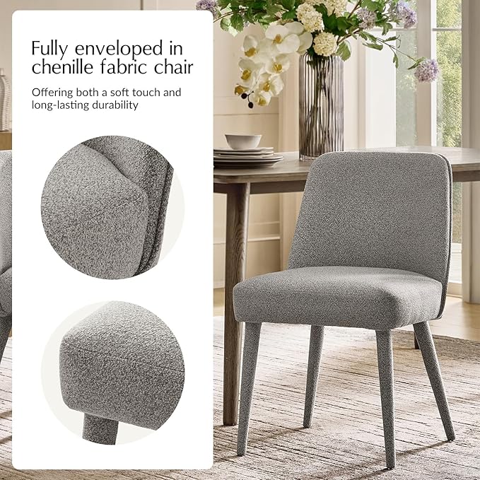 HULALA HOME Modern Dining Chairs Set of 2Gray Fully Chenille Upholstered Dining Room Chairs Set with Foot Peg Solid Wood Frame Armless Kitchen Accent Chairs for Living Room Bedroom Reception