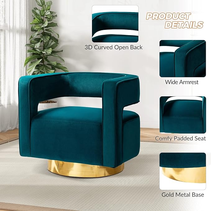 TINA'S HOME Swivel Accent Barrel Chair Modern Velvet Armchair with 3D Curved Open Back &amp Swivel Gold Metal Base Upholstered Club Chair for Living Room Bedroom Nursery Teal(No Assembly Required)