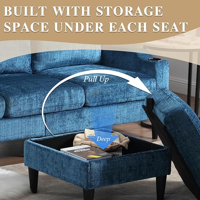 3 Seater Sectional Couch L Shaped Modular Couch with Solid Wood Frame Small Sofa with Storage Ottoman &amp Cup Holder &amp Side Pocket for Apartment Game Room Dormitory Room (Blue)