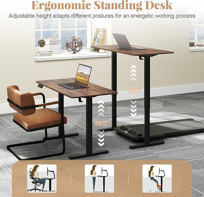 Tangkula 48” x 24” Electric Standing Desk Ergonomic Height Adjustable Sit to Stand Desk with 3 Memory Settings Anti-Collision Protection &amp Hook Computer Workstation for Home Office (Rustic Brow
