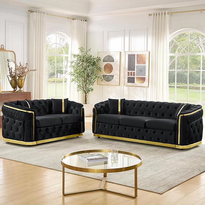 62.6 Mid Century Modern Loveseat Chesterfield Sofa Couch Black and Gold Couch Velvet Button Tufted Luxury Couches for Living Room with Golden Decor &amp 2 Pillows Black | StainlessSteel Decor Ele