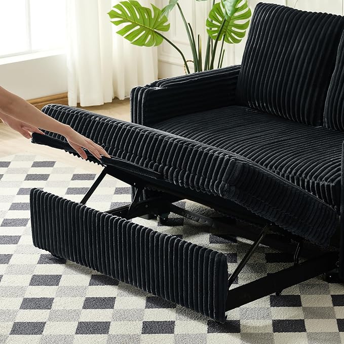 Antetek Pull Out Sofa Bed Futon Convertible Modern Corduroy Loveseat Chaise Lounge Sofa Couch with USB Charging Ports &amp Cup Holders for Guest Room Living Room Bedroom Adjustable Backrest Black