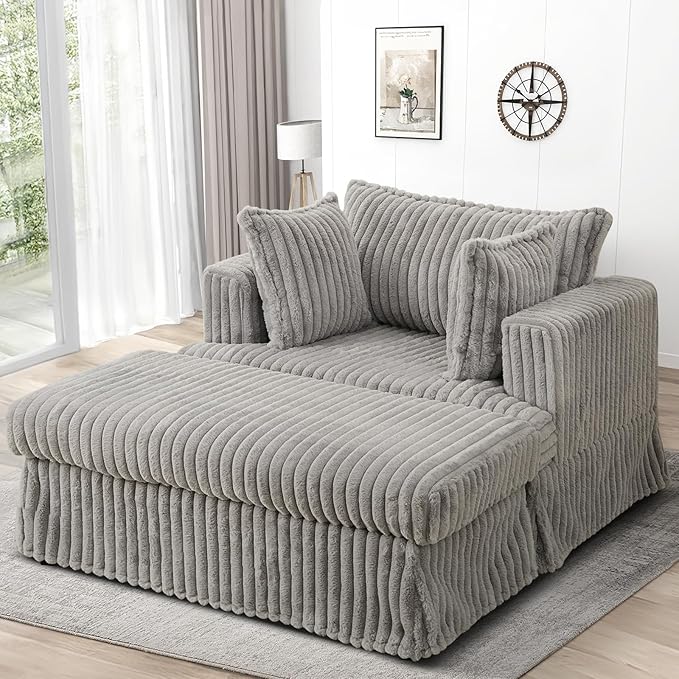 Oversized Chaise Longue IndoorComfy Upholstered Tufted Corduroy Single Sofa Couch Leisure Chair with 3 PillowDeep Seat Reclining Sleeper Sofa Chair for Living RoomBedroomOffice (Light Gray)