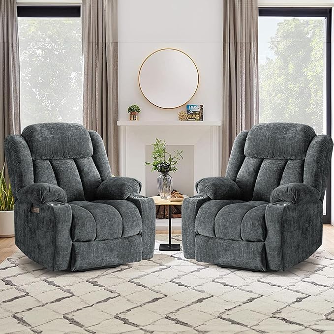ABCASA Large Power Lift Chairs Recliners for Elderly with Heat ＆ Massage Upgraded Chenille Recliners USB-A ＆ C Cup Holder Side Pocket Grey Blue