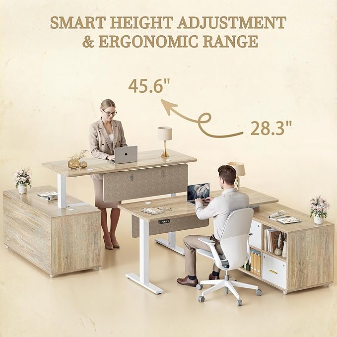 TIQLAB L Shaped Standing Desk with Privacy Protection Panel 61.4 x 47.2 Height Adjustable Corner Executive Desk with Drawers and Shelves Standing Computer Desks for Home Office Maple