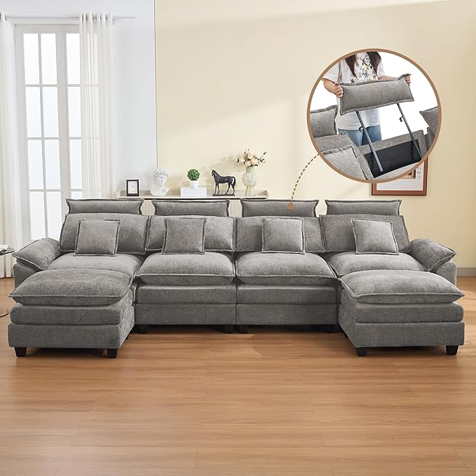 134'' Cloud Modern 4 Seater Couch with Detachable Headrest Modular Sectional Sofa with 2 Ottoman Oversized U Shape Chenille Comfy Sofa with Armrests for Living Room Light Grey