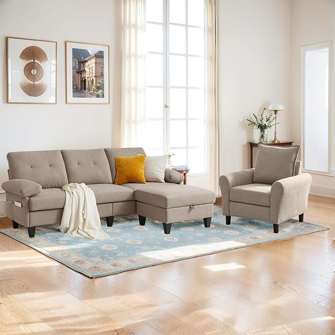 2PCS Sectional Sofa Set with OttomanModern Linen 4 Seater Couch Set with Side Pockets 3 Seat Couch and Armchair for Small Space(3+1Seat/Beige)