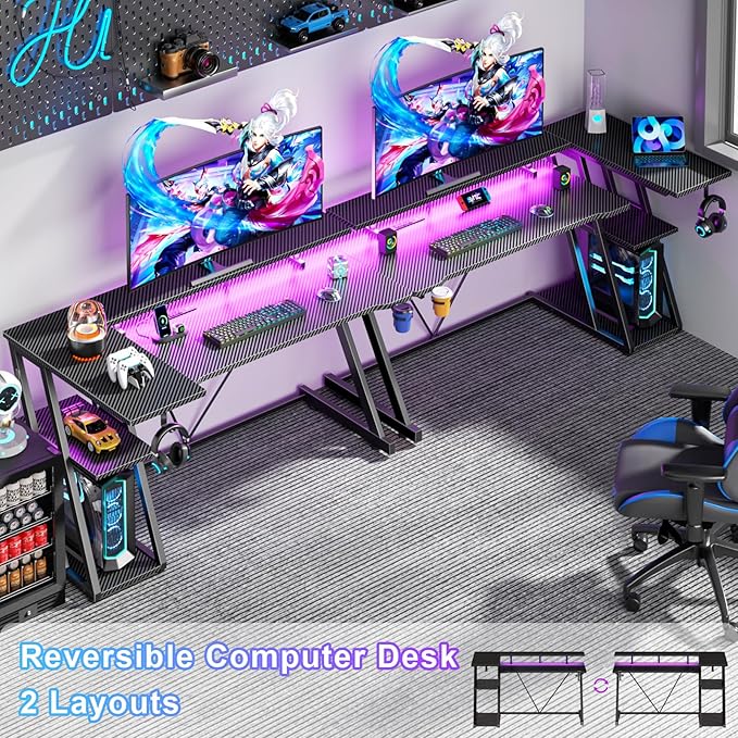 55 Inch Gaming Desk with Power Outlet &amp LED Lights L Shaped Gamer Computer Table with Storage Shelves for Bedroom Corner Home Office Desk Carbon Fiber Black