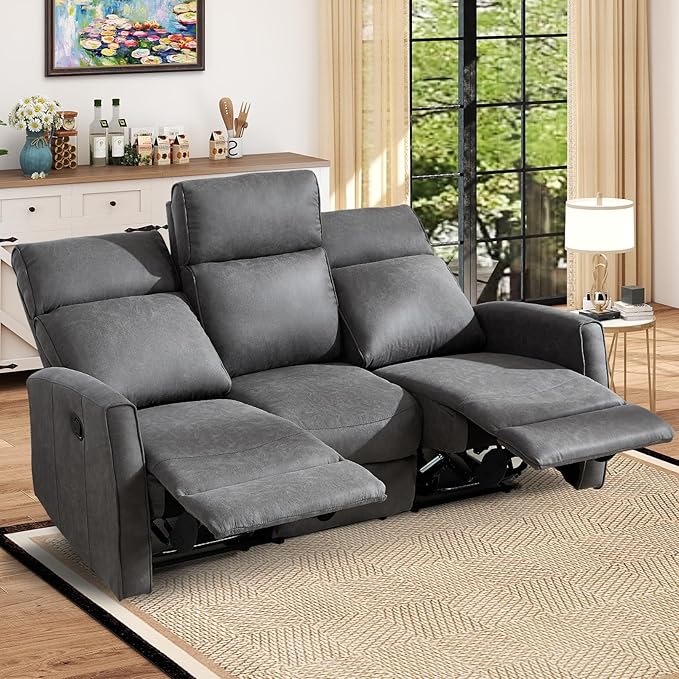 EBELLO Manual 3 Seat Reclining Sofa Couch Wall-Hugger 3-Seater Recliner Sofa with Overstuffed Backrest Soft Fabric Reclining Sofa Set for Living Room Office Apartment Grey