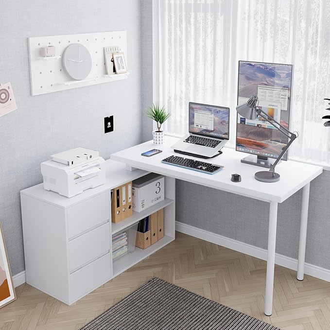 Home Office Computer Desk Corner Desk with 3 Drawers and 2 Shelves 53-inch L-Shaped Study Desk with Storage White
