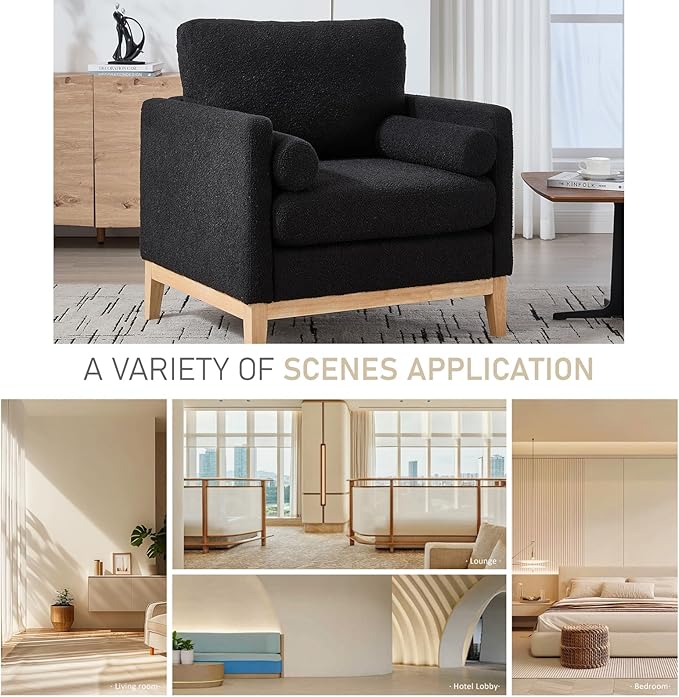 35.4 Black Boucle Modern Accent Chair with Wood Legs - Pocket Spring Foam SeatBolster PillowsEasy Assembly Reading Armchair Single Sofa for Living Room &amp OfficesLounge (Black+Natural Legs)