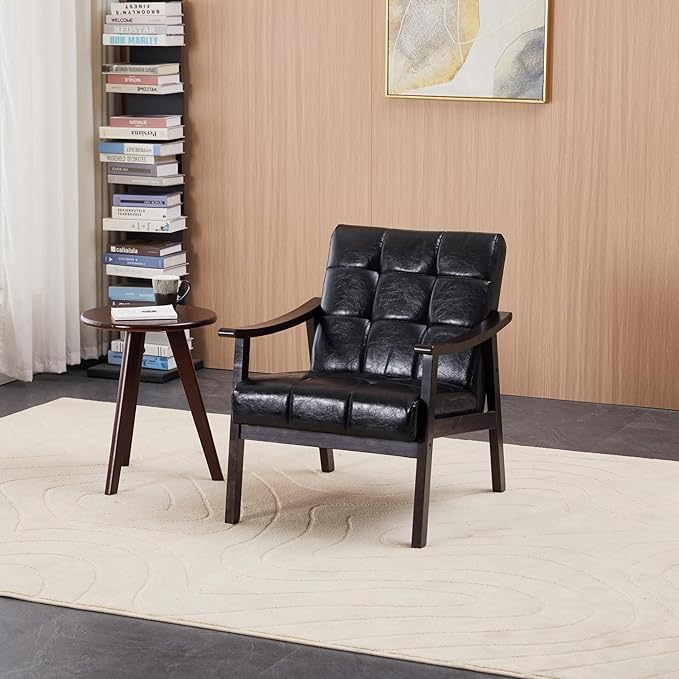 Medieval Modern Armchair High Back Antique Black Upholstered Chair with Solid Wood Legs Vintage-Inspired Reading Chair for Living Room Bedroom Study Lounge Furniture (Black + PU Leather)