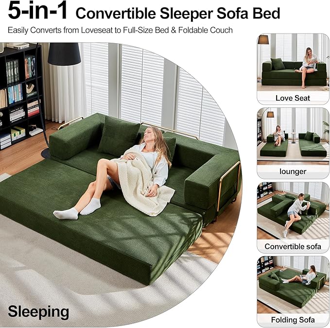 79 Boneless Sofa Bed 5-in-1 No-Assembly Convertible Sleeper Couch with Fixed Frame Armrests Modular Corduroy Futon Compressed in a Box for Space Saving (Green Includes 2 Pillows)