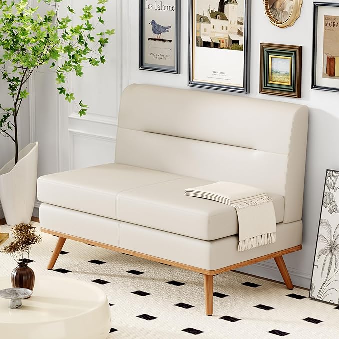Aklaus Upholstered Small LoveseatFaux Leather Modern Mini Sofa Couch Love Seat Armless Settee Bench with Back for Living Room Bedroom Office Small Space Entryway Beige