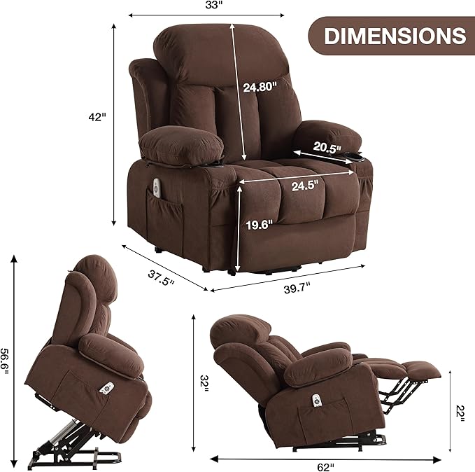BOSMILLER Power Lift Recliner Chair for Elderly with Vibration Massage and Lumbar Heating Electric Oversized Single Sofa with Cup Holder and USB Charge Port for Living Room