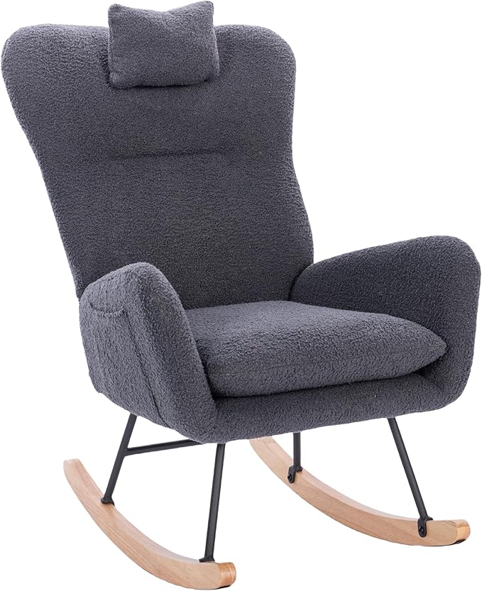 Modern Teddy Upholstered Nursery Rocking Chair for Living Room Bedroom(Dark Grey Teddy)