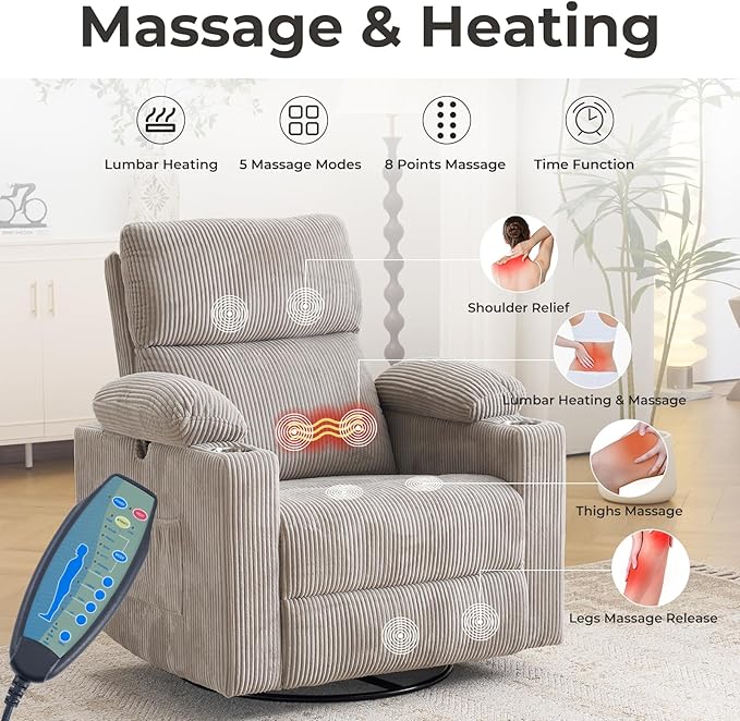 Power Recliner with Adjustable Armrests Rocking Chair Nursery with Massage and Heat Electric Glider Recliner Nursing Chair for Breastfeeding Swivel Rocker Recliner Corduroy Grey