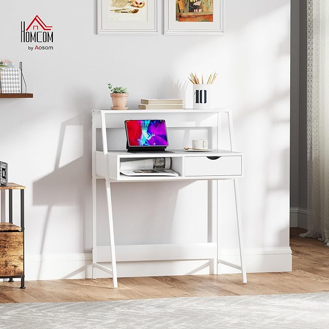 HOMCOM Home Office Desk Computer Desk with A Frame for Small Spaces Writing Table with Drawer and Storage Shelves White