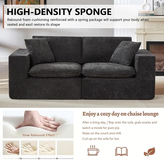 78” Cloud Loveseat Sofa with Cushions Boneless Couch in a Box Chenille Foam Couch for Bedroom Living Room Apartment Modern Small No Assembly (Black)