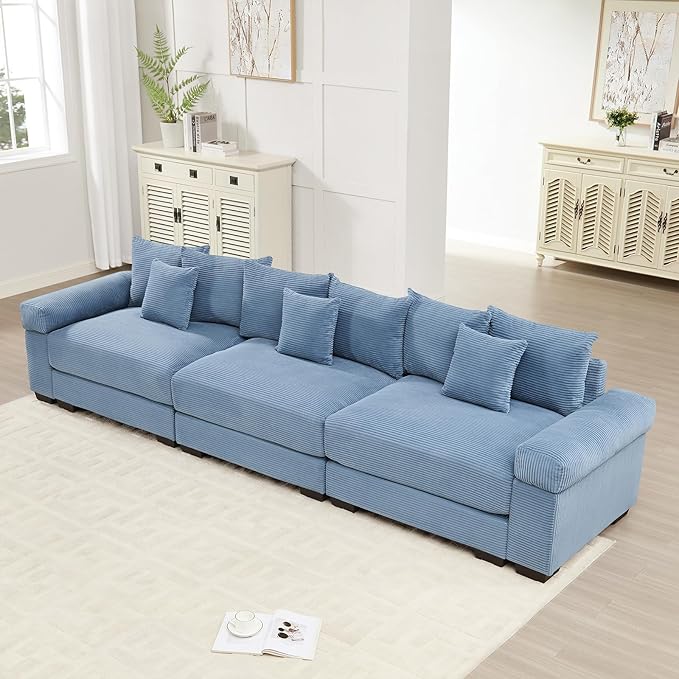130 Corduroy Sectional Couches for Living Room Blue Comfortable Oversized Sectional Sofa Set with Deep Seat Large 3 Seater Couch Sofas para Sala Modern Corduroy Couch Set