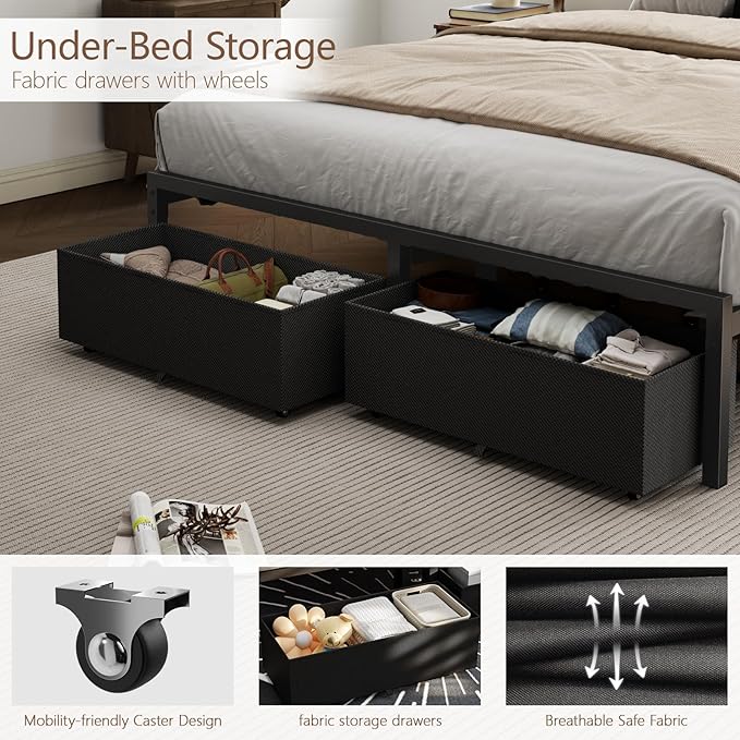 Furnulem Full Size Bed Frame with Headboard Upholstered Full Bed Frame with LED Light USB Charging Station Platform Bedframe with 2 Fabric Underbed Storage Drawers No Spring Box Needed