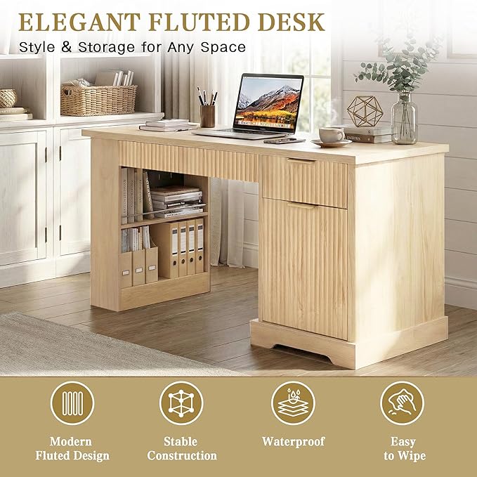 55 Modern Fluted Office Desk with Storage Cabinet &amp Drawers Computer Writing Desk with Power Outlet Pegboard Built-in Shelves and Keyboard Tray for Study Living Room Home Office (Oak)