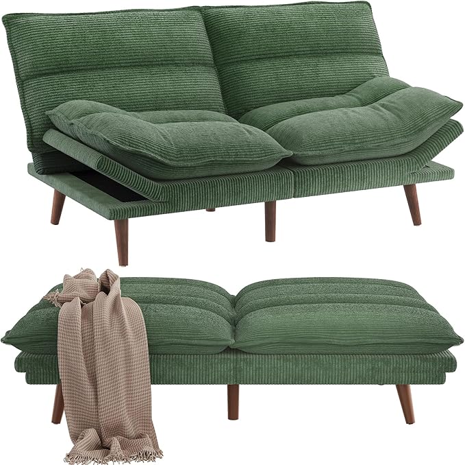 Pipishell Futon Sofa Bed Convertible Futon Adjustable Backrest &amp Armrests Corduroy Sleeper Couch for Small Spaces Living Room Office Guest Room (Moss Green 66 Inch)