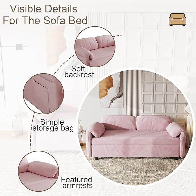 KEIKI 3 in 1 Full Pull Out Sofa Bed with Adjustable Backrest &amp Side Storage Pockets Velvet Recliner Lounge Sofa for Small Living Spaces Pink