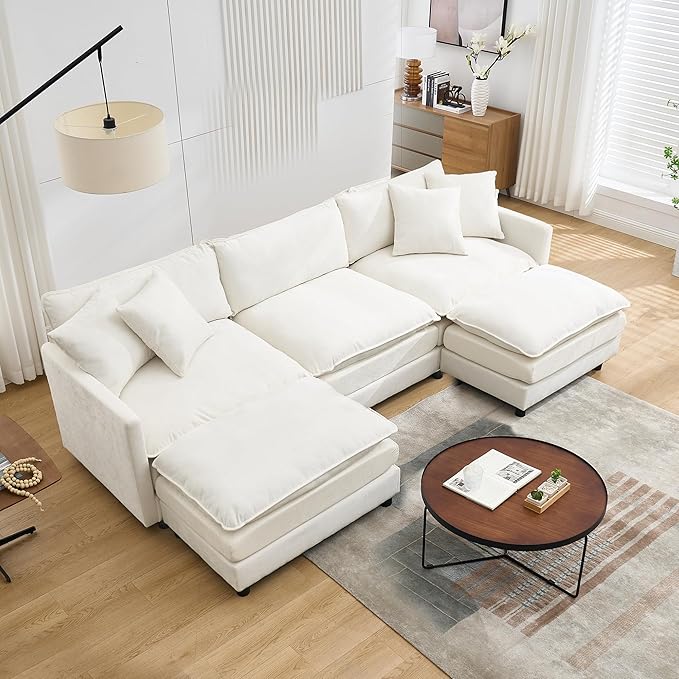 Sectional Sofa Modular Deep Seat Sofa Couch with Ottoman 108'' Chenille Sofa Sleeper Comfy Upholstered Furniture for Living Room Apartment Studio Office (White 108.27- U Shape)