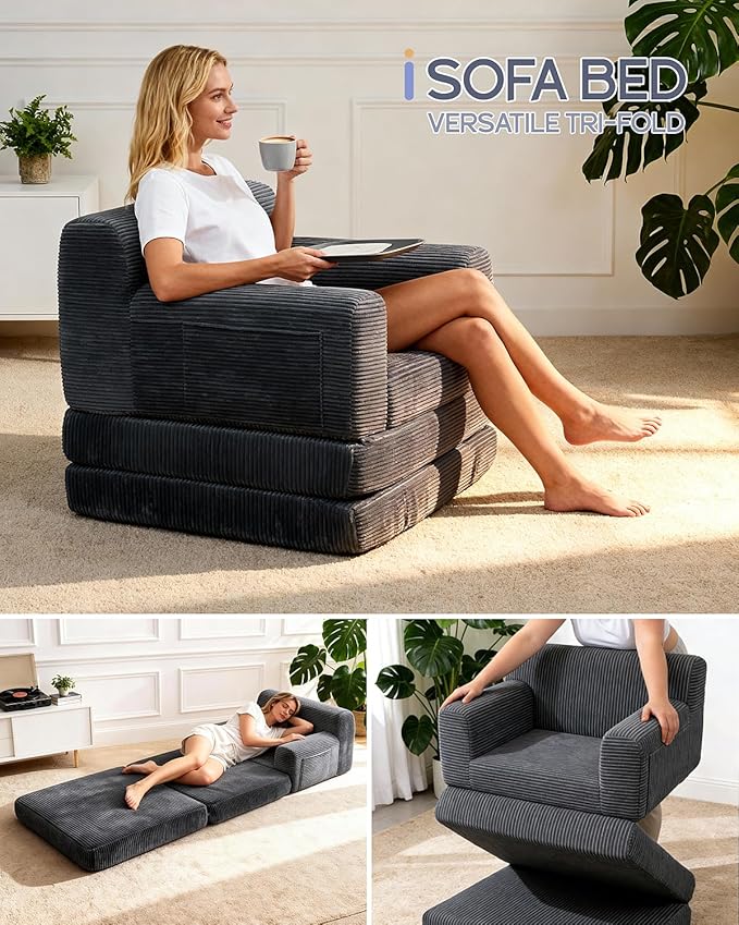 Boneless Couch Sofa Bed Convertible Sleeper Chair with One-Piece High-Density Foam (No Lumps) Foldable Floor Mattress for Adults Guest Gaming Non-Slip Side Pockets 84x35 No Assembly