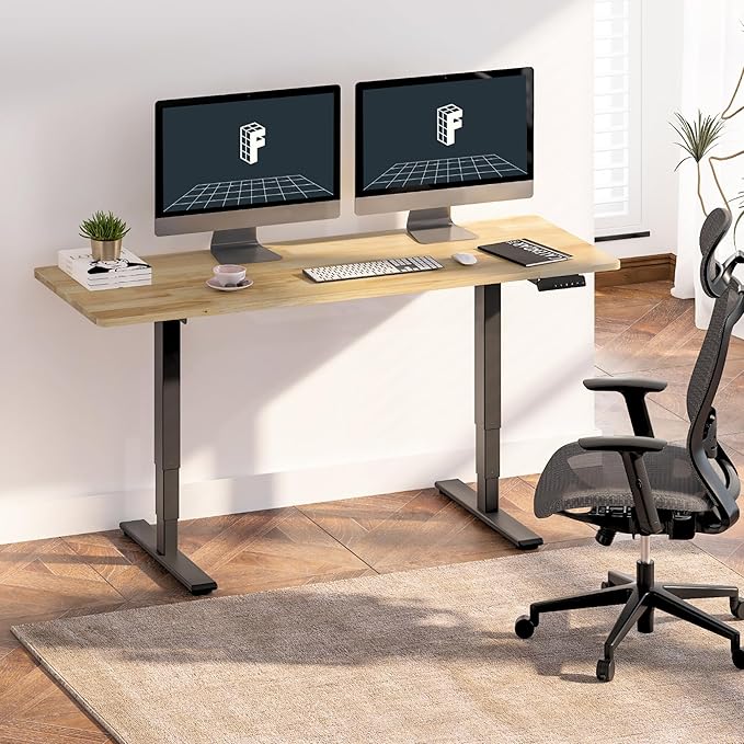 FlexiSpot E6 Solid Wood 3-Stage Dual Motor 71 x 30 Electric Standing Desk Holds 220 lbs Adjustable Height w/ Memory Presets Butcher Block Rubberwood Desktop &amp Black Frame Ships in 2 Boxes