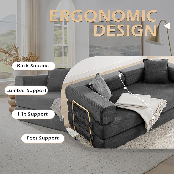 4-in-1 Folding Convertible Floor Sofa Bed 78 Oversized Compression Sofa No Assembly Required King Futon Lazy Couch Corduroy Loveseat Sleeper with Pull Out Bed Modular Futon Couch