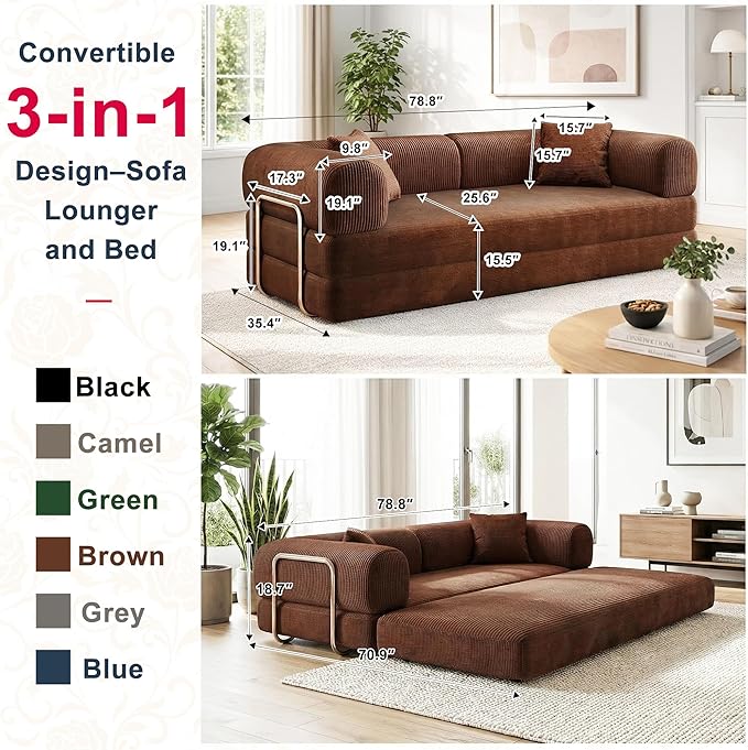 78Inch Compression Sofa 4-in-1 Convertible Floor Sleeper Sofa Bed Folding Sofa Couch with Pillow Support Armrest Cloud Corduroy Foldable Mattress for Living Room Bedroom