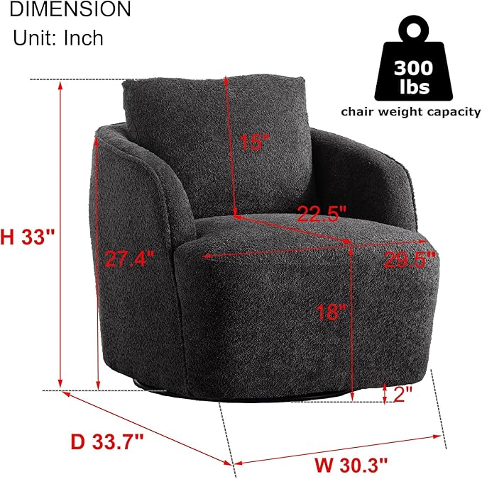 Soft Boucle Upholstered Swivel Accent Barrel Chair Wide Seated Comfy Round Single Sofa Chair 360 Swivel Club Armchair for Living Room Bedroom Nursery (Boucle Charcoal)