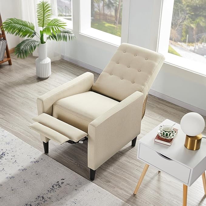 Topeakmart Mid-Century Modern Fabric Recliner Modern Tufted Reclining Single Sofa for Living Room Padded Cushion Home Theater Seat Beige