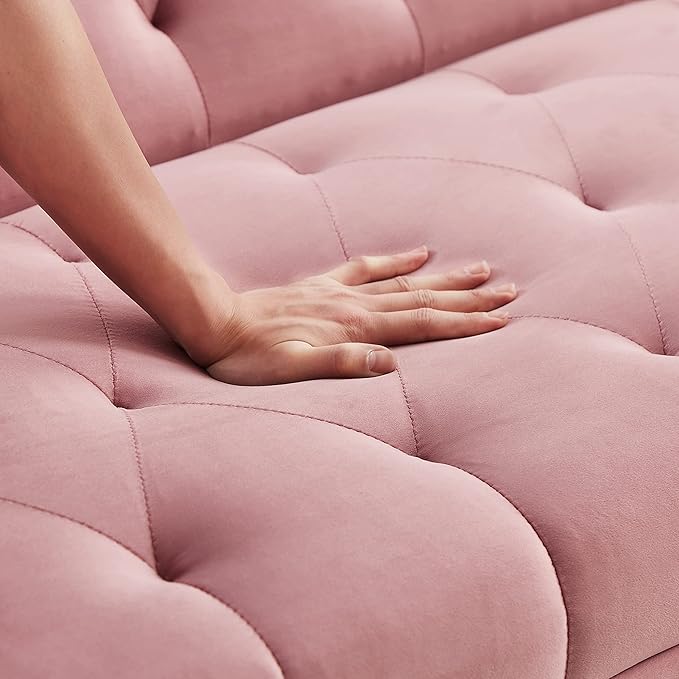 Anwick Modern Velvet Sofa Bed Futon with 2 Pillows2-in 1 Convertible Sleeper Couch BedFolding Recliner Loveseat with Golden Metal Legs for Living Room Apartment Office (Pink)