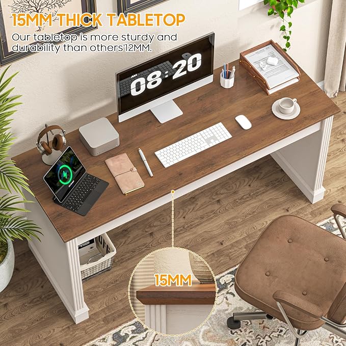 Vabches Farmhouse 59 Executive Simple Sturdy Computer DeskSpacious Workstation for Home Office Remote Work &amp StudyUnique White