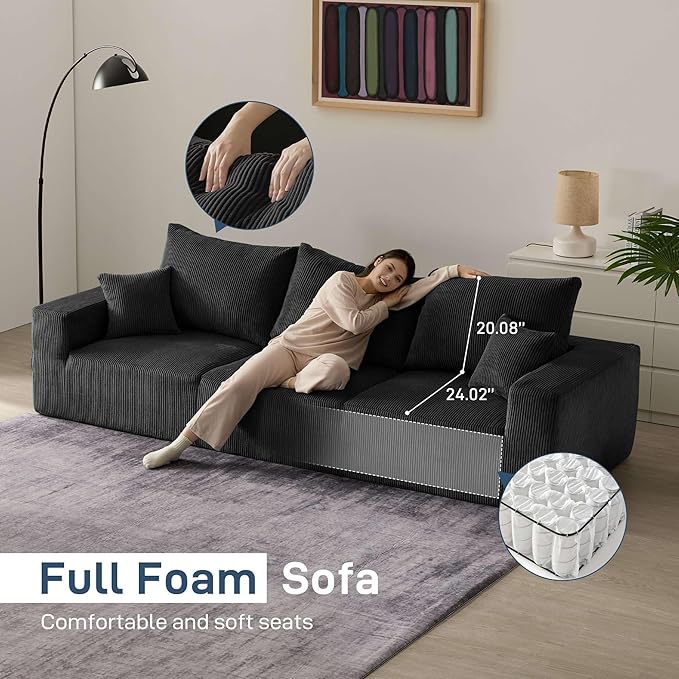 Modern Sleeper Sofa Couches for Living Room-113 Black 3 Seater Boneless Cloud Couch-No Assembly Required Modular Corduroy Convertible Full Sponge Compression Sofas for House Apartment