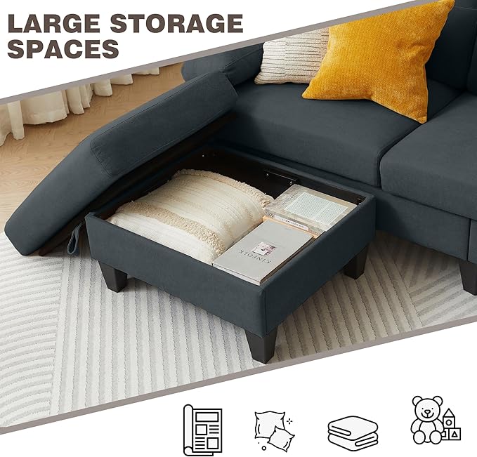 Sectional Sofa for Living Room 84 Small L Shaped 3 Seater Couch with Reversible Chaise Polyster Fabre for Apartment Small Space Dark Grey