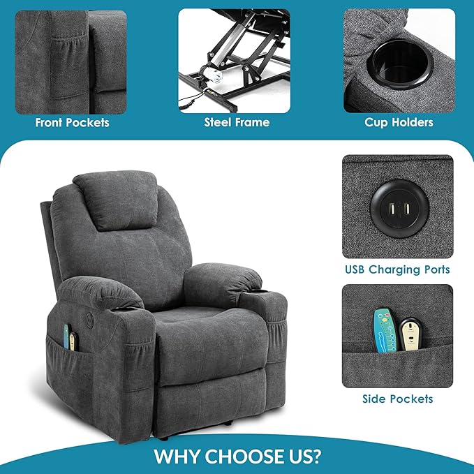 Power Lift Recliner Chair for Elderly Electric Massage Heated Recliner Chair Ergonomic Fabric Lift Chair with 2 Remote Controls USB Ports Cup Holders &amp Side Pockets for Living Room (Grey)