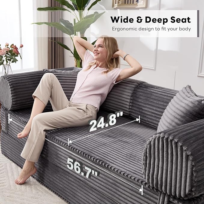 Tbfit 79'' Folding Boneless Couch Oversized Corduroy Convertible Sofa Bed Futon Mattress Sleeper Sofa Comfy Foldable Upholstered Floor Couches for Living Room Gray